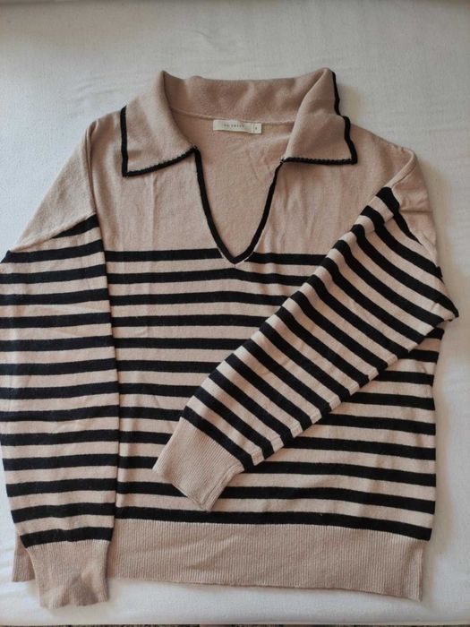 Sweterek polo beżowy w czarne paseczki rozm S wiskoza i poliamid