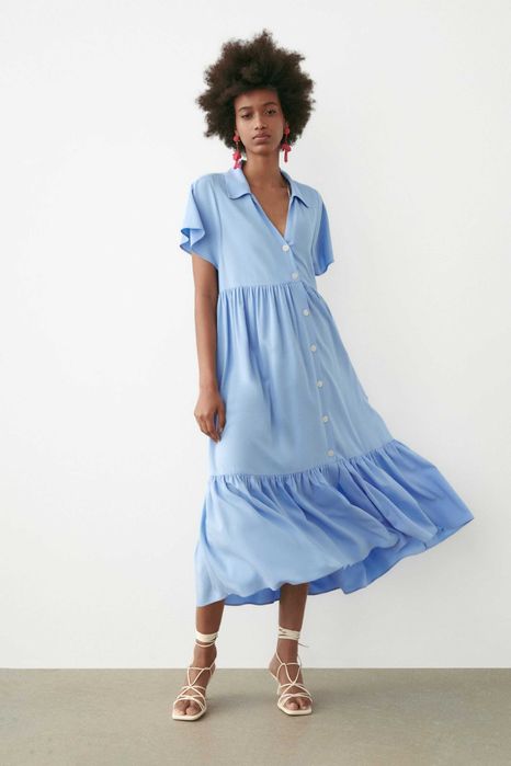 (NOVO C/ ETIQUETA, PORTES GRÁTIS) ZARA: Vestido Comprido Azul Abotoado