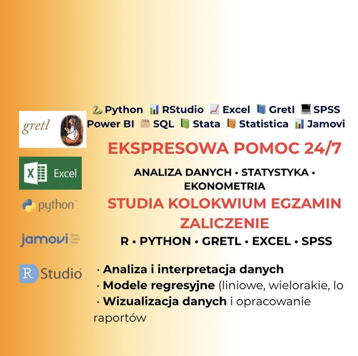 Korepetycje ekonometria statystyka finanse excel rstudio gretl matematyka analiza danych regresja model algebra  prognozowanie szeregi czasowe