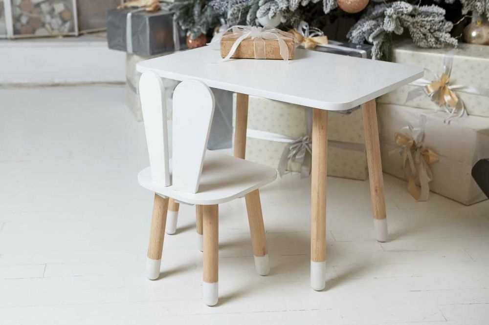 Столик дитячий прямокутний зі стільцем Ведмежа 46х60х45 см Білий