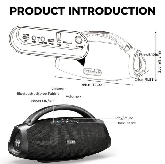 Głośnik W-King X20S 140W Subwoofer  Boombox  Aplikacja EQ  Bluetooth 5.4 MicroSD USB 2.0 Wejście gitarowe Radio FM