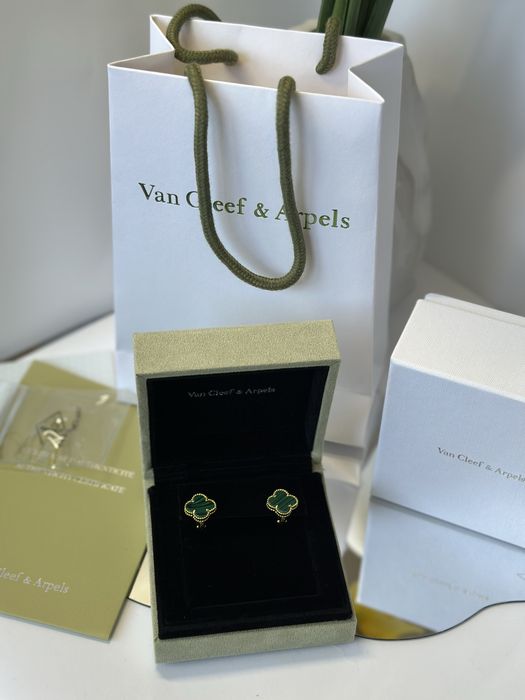 Нові срібні сережки Van Cleef Ван кліф в лимонній позолоті з малахітом