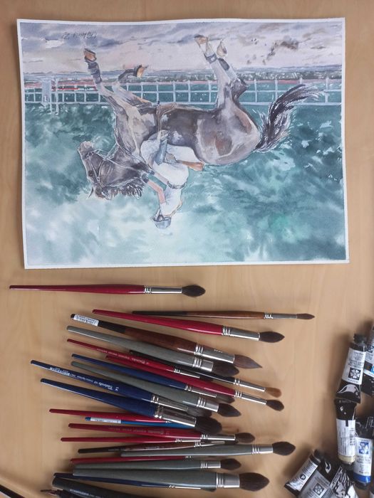 Obraz akwarela autorska_Koń, jazda konna, 31x41cm, oryginał_rezerwacja