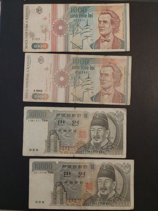 Notas de Korea 2 unidade de 10,000 e duas da Roménia  1000