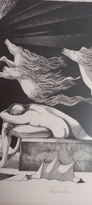 Serigrafia de Cruzeiro Seixas.   Dimensões exteriores: 64,5 cm por 50 cm. Dimensão da mancha: 49,5x39. Trabalho de 1980.