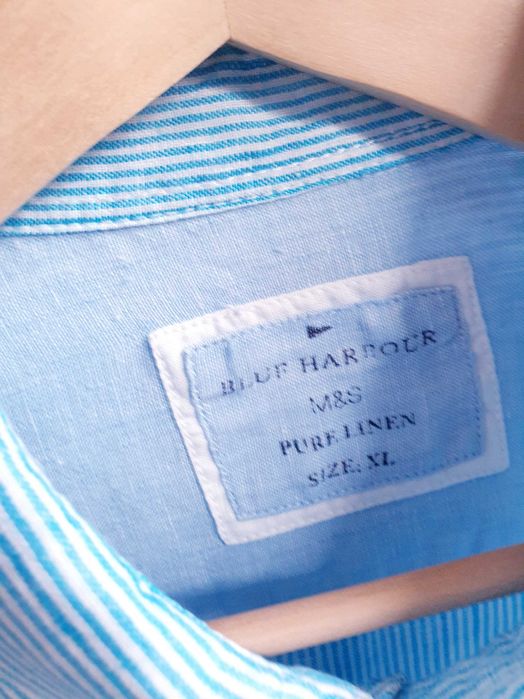 Biała turkusowa koszula w paski lniana 100% len męska Blue Harbour XL