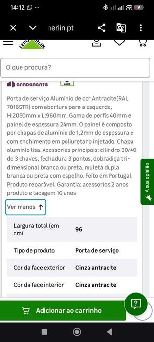 Porta de Serviço Alumínio Gardengate Lisa 96x205 Antracite (Esquerda)