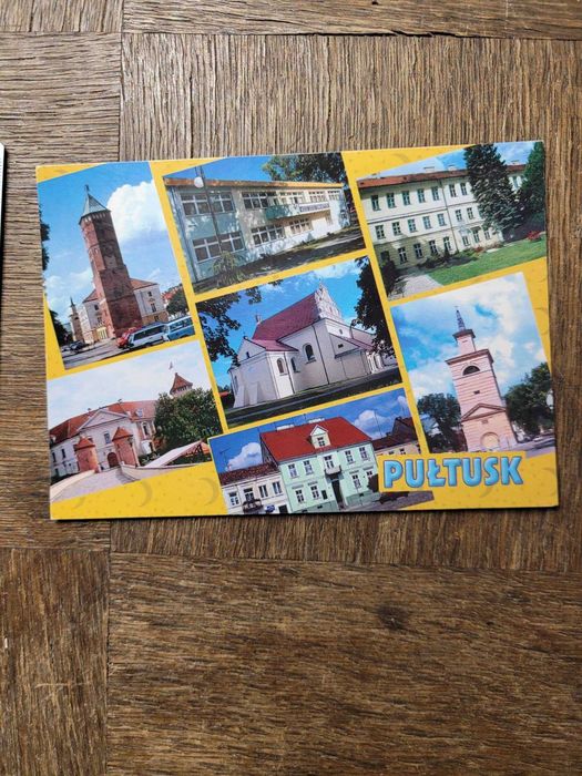 Kolorowa pocztówka wielowidokowa Pułtusk zamek ratusz czysta