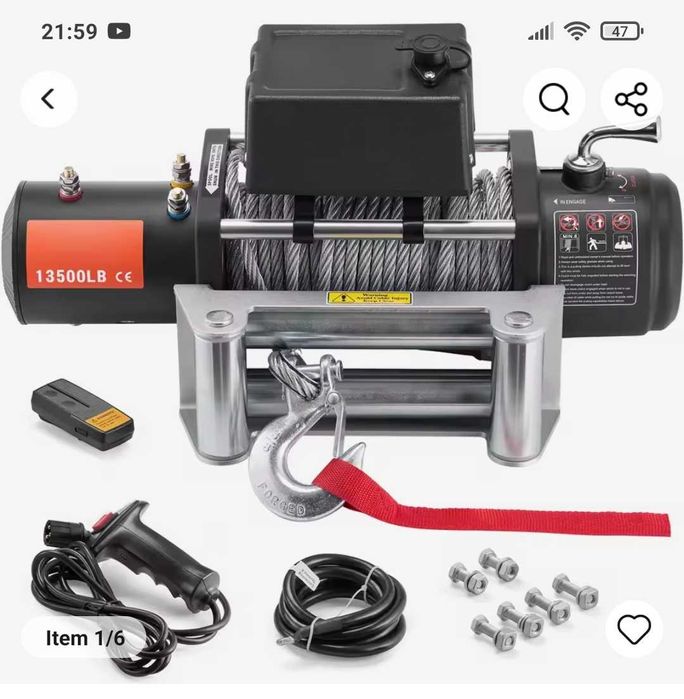 Guincho com motor elétrico. Poder de tracção máxima 6000 kg