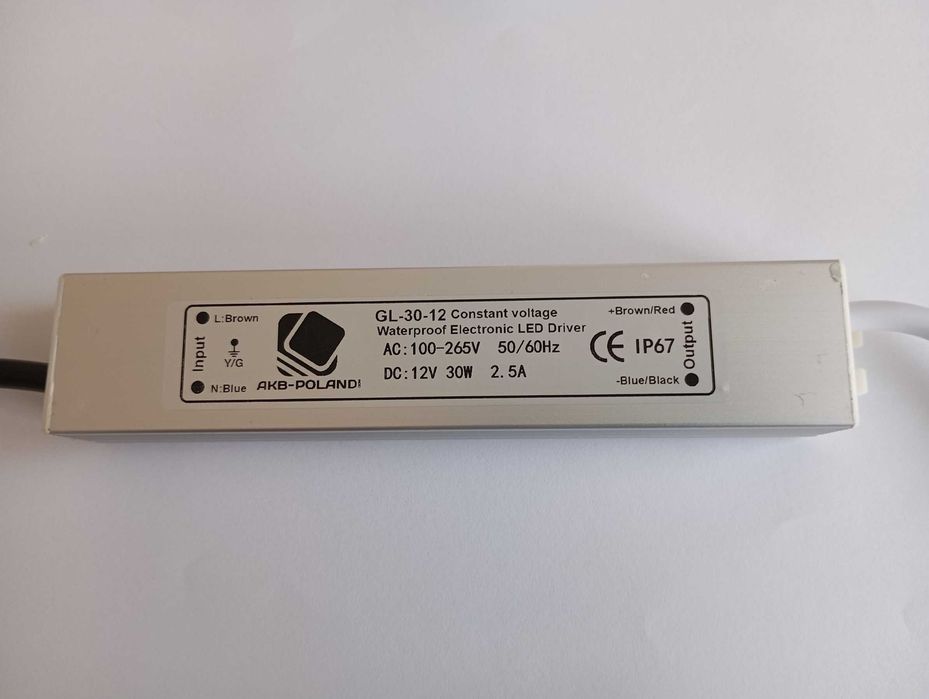 ZASILACZ 12V 30W LED Wodoodporny Hermetyczny Do Taśm MONO RGB IP67 WĄSKI
