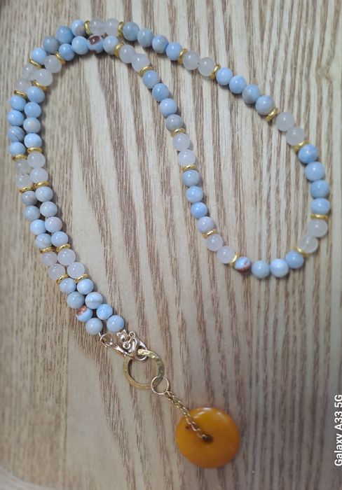 Nowy choker z akwamarynu i kwarcu bialego+ oponka z mlecznego bursztyn