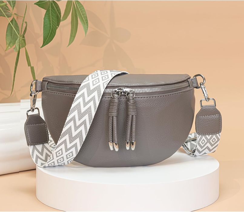 Torebka damska crossbody nerka - skóra PU - szara 25x15x8 cm
