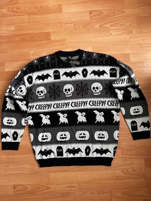 Sweter Halloween Creepy Czarny Biały Oversize Skull Bat Pumpkin