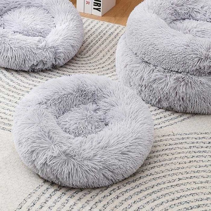 Legowisko dla kota i psa, okrągłe pluszowe łóżko pączek, jasnoszare