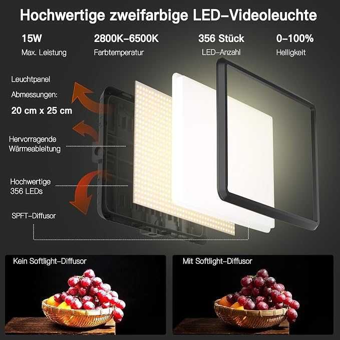 Zestaw oświetlenia wideo, 2 sztuki, 25 x 20 cm, 15 W,