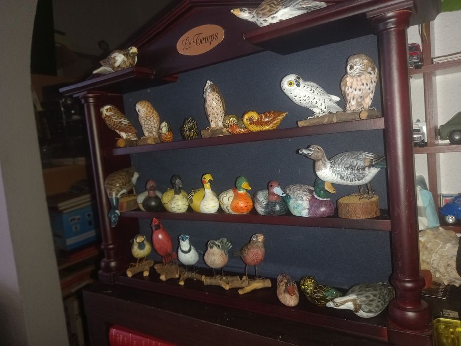Estante com 27 miniaturas de aves