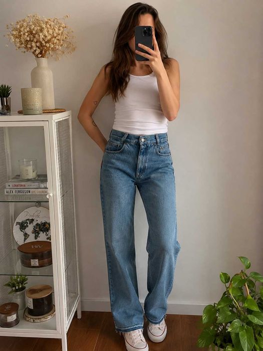 Jeansy BALL postrzępionym dołem a'la vintage 100% cotton high waist 29/32 Baserena jeans