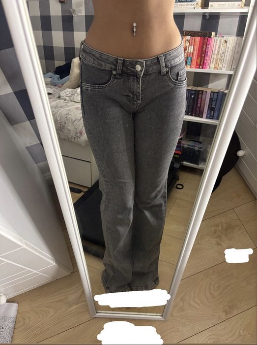 Szare jeansowe dzwony flare jeans dżinsy jeansy z rozszerzana nogawka s H&M spodnie z szerokimi nogawkami