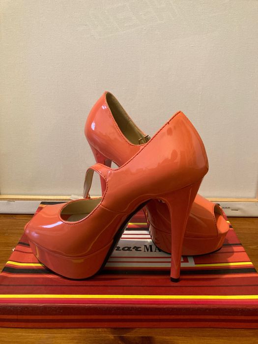 Жіночі босоніжки на високих підборах, лакові, коралові, sharman, р.36