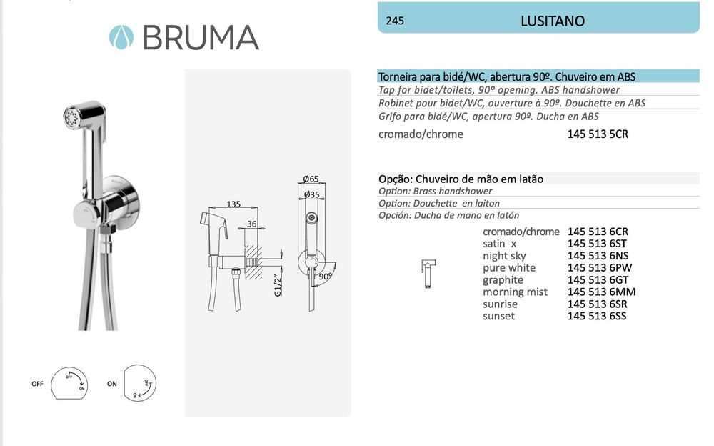 Torneira Misturadora Higiénica, Chuveiro Bidé WC, BRUMA Lusitano, NOVO