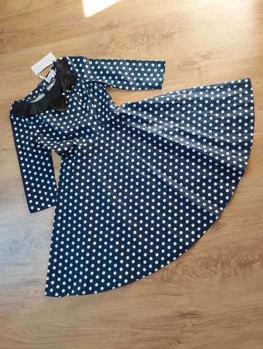 Granatowa Retro sukienka w grochy S z rękawem 3/4 vintage pin up