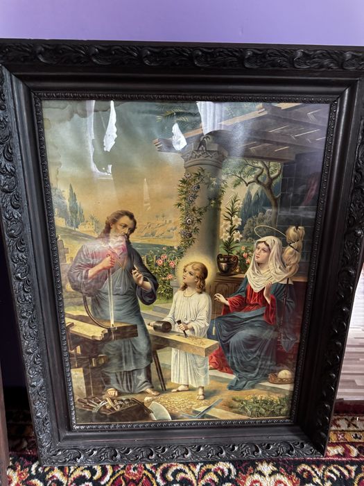 Stary obraz religijny "Święta Rodzina" za szkłem - ozdobna rama vintage