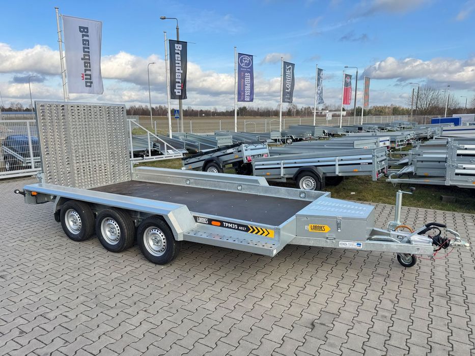 Lorries TPM35-4017 402x175 cm DMC 3500kg przyczepa 3 osiowa pod koparkę budowlanka  nowy model, lampy led, koparka, bobcat, trzy osie, 3,5T DMC