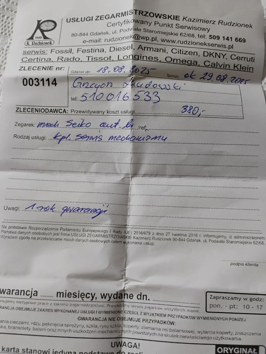 Seiko scuba automatic po serwisie na gwarancji