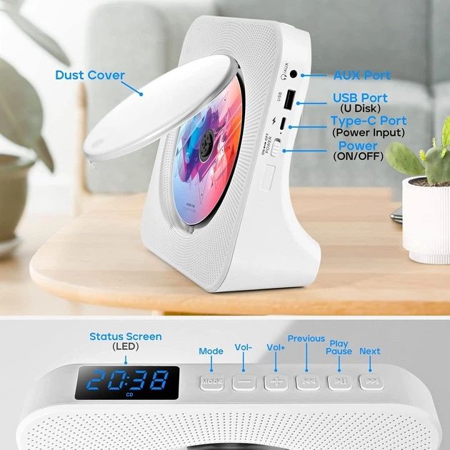 Багатофункціональний настільний CD-плеєр 8 в 1 ROADOM / Bluetooth / FM / USB