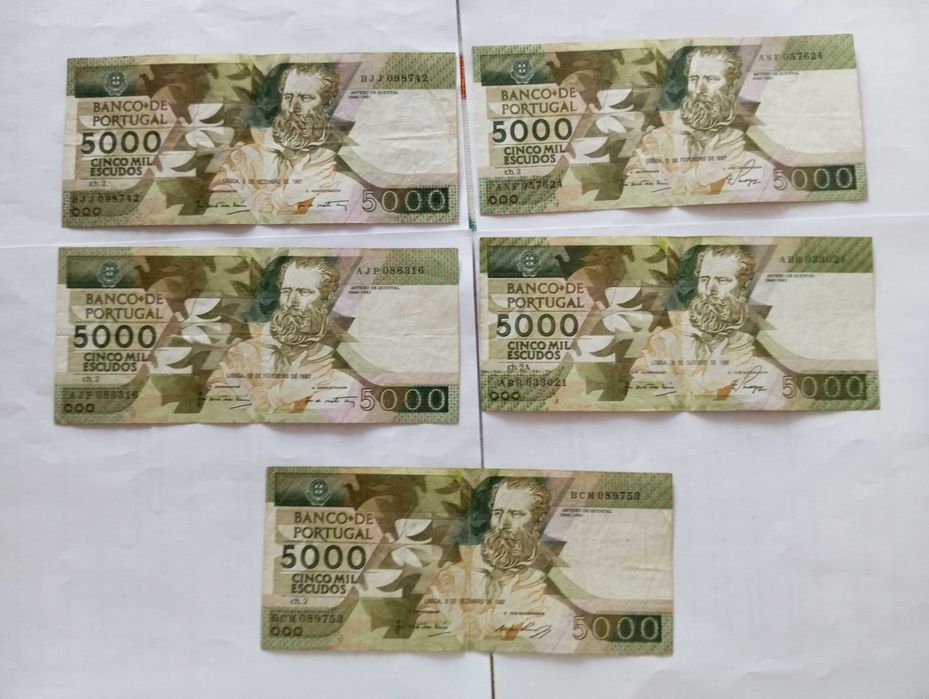 Notas de 5000 escudos - Lote de 5 por 100 euros