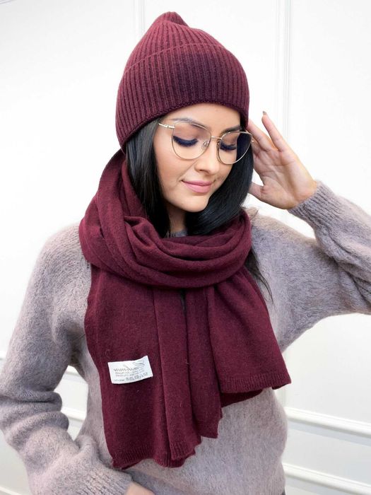 Bordowy komplet kaszmirowy czapka i szalik
