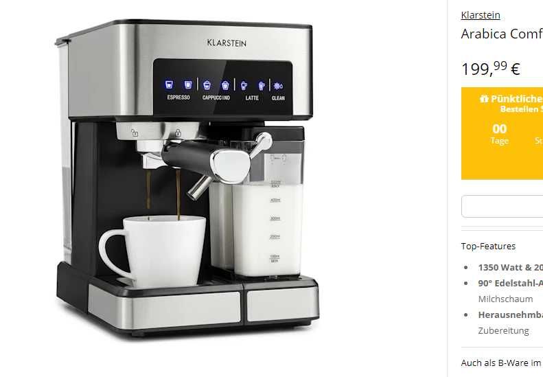 Кавоварка кофемашина еспрессо латте Klarstein Arabica Comfort