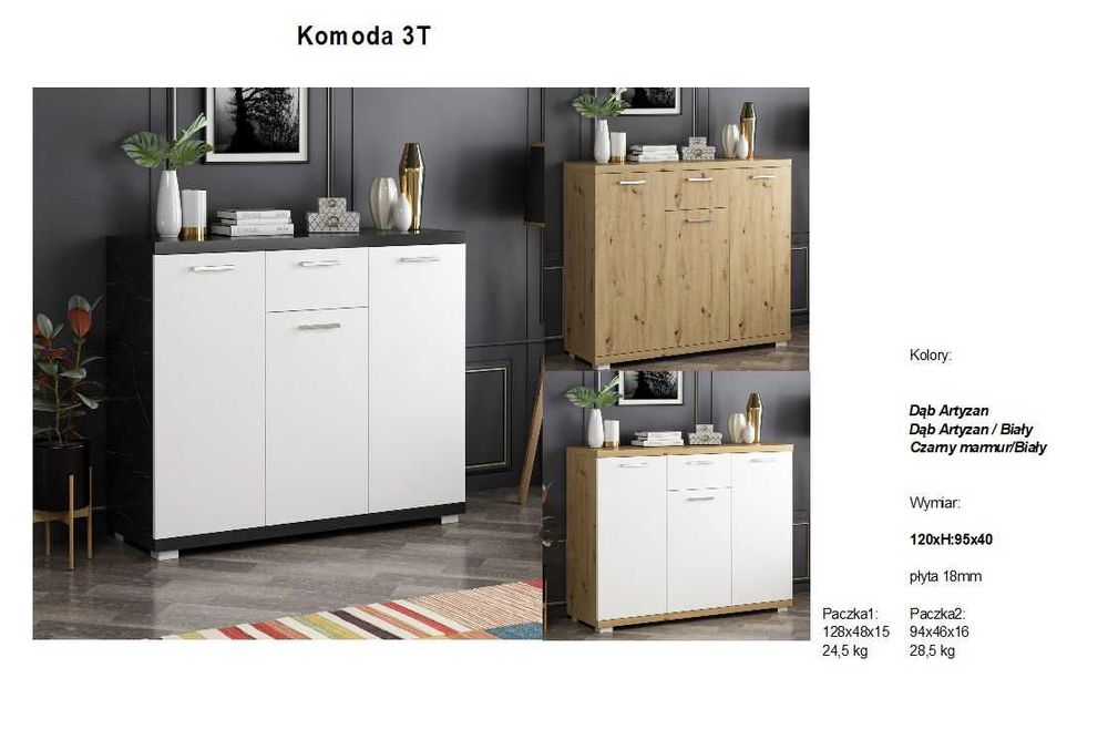 Komoda dąb artisan. Gryby blat. Szer 120H95x40. Gruba płyta