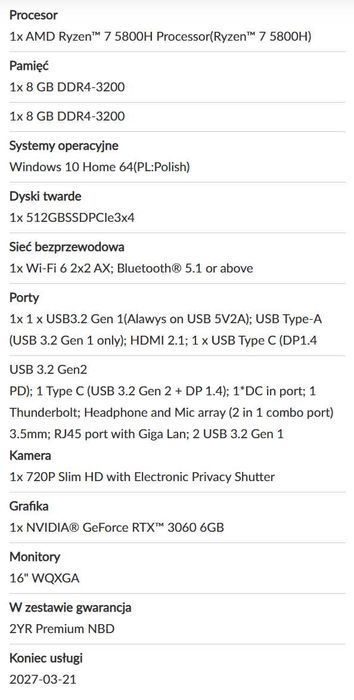 Legion 5 Pro-16ACH6H Laptop (Lenovo) - Type 82JQ W10, 32 GB RAM, Biały