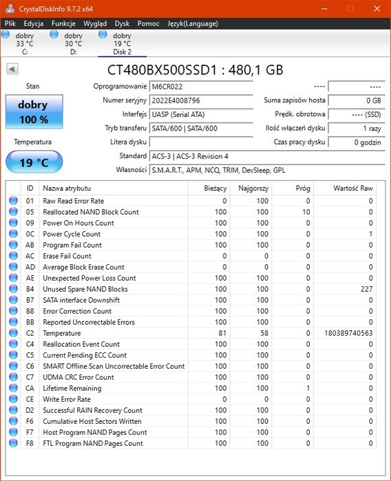 Nieużywany dysk SSD Crucial BX500 480GB