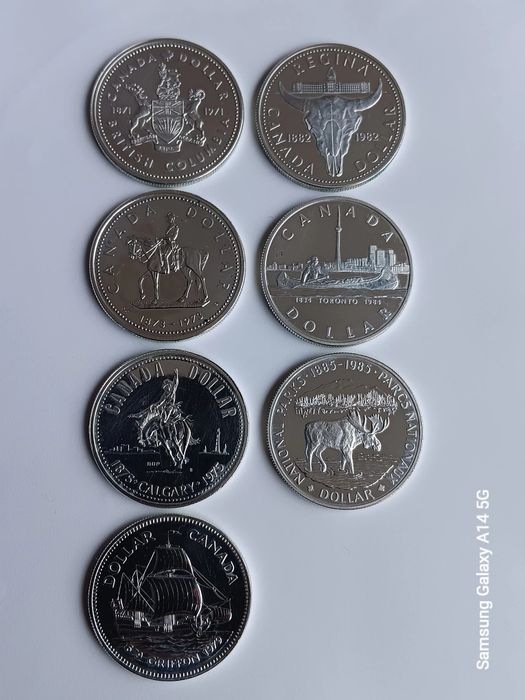 7 moedas prata de dólar do Canadá. Diversas