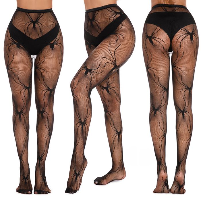 Seksowne rajstopy kabaretki pełne z wzorem zwierzęcym pająki czarny