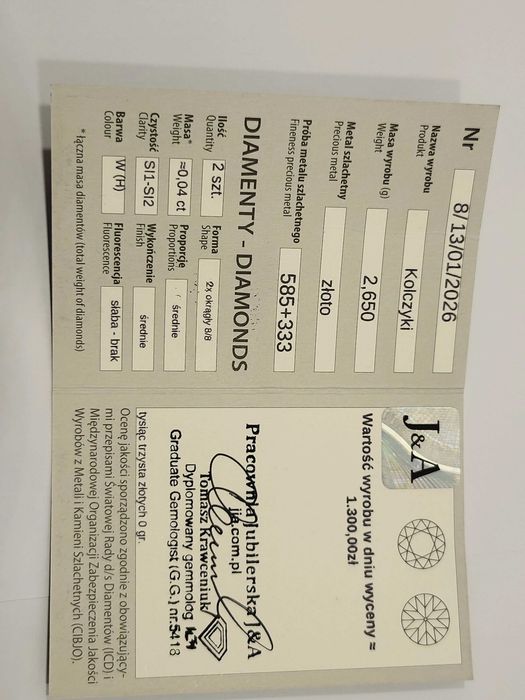 ZŁOTE KOLCZYKI Z DIAMENTEM 0.04CT CZYSTOŚĆ SI1-SI2 2.650G 14K-8K