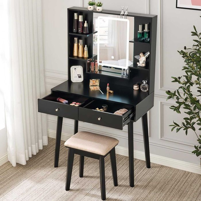 Toucador de maquilhagem com espelho LED, gavetas, prateleiras e banco