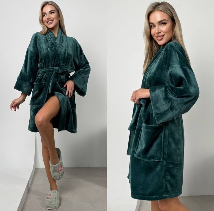 Халат теплий, плюшева махра, зелений
