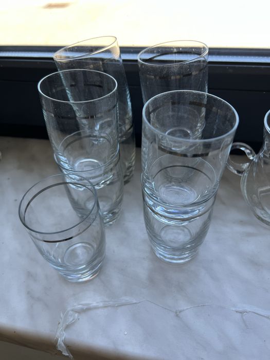 Szklanki kubeczki szkło literatki retro vintage PRL srebrny pasek