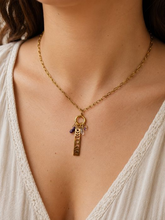 Naszyjnik handmade z fazami księżyca ametystem kryształem górskim i sodalitem