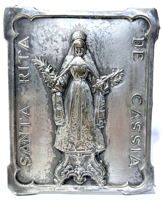 Antiga imagem religiosa “Santa Rita de Cassia”  com banho em prata - marcada