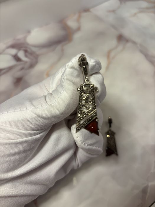 Srebrne kolczyki w stylu Art Deco z agatem