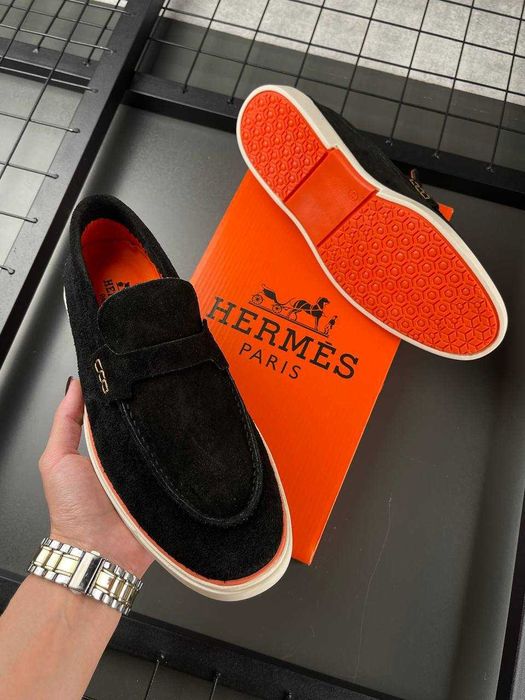 Чоловічі лофери Hermes, натуральна замша, чорні, гнучка гумова підошва, Китай, розміри 40-45