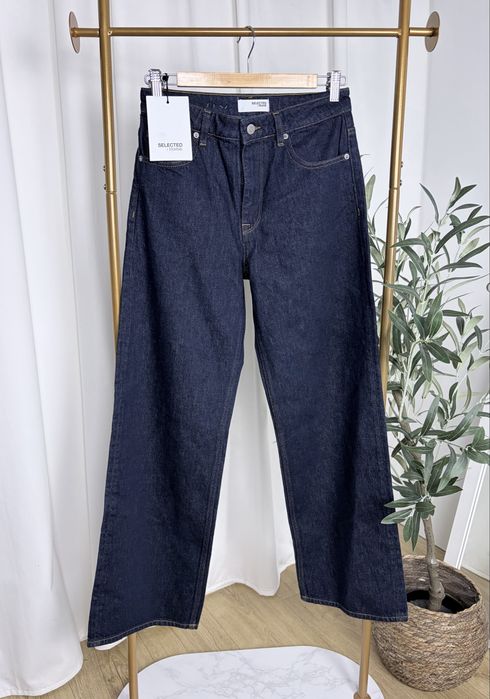 Spodnie jeansowe damskie Selected Femme S W27 L32 ciemne szerokie nigawki