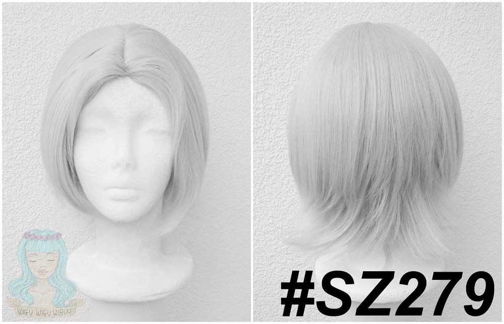 Szara krótka peruka z przedziałkiem bob bez grzywki szary krótki wig cosplay na karnawał do przebrania konwent imprezę zabawę halloween