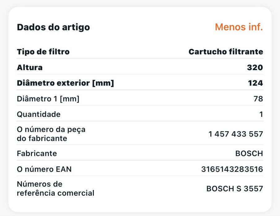 Filtro de ar Bosch novo