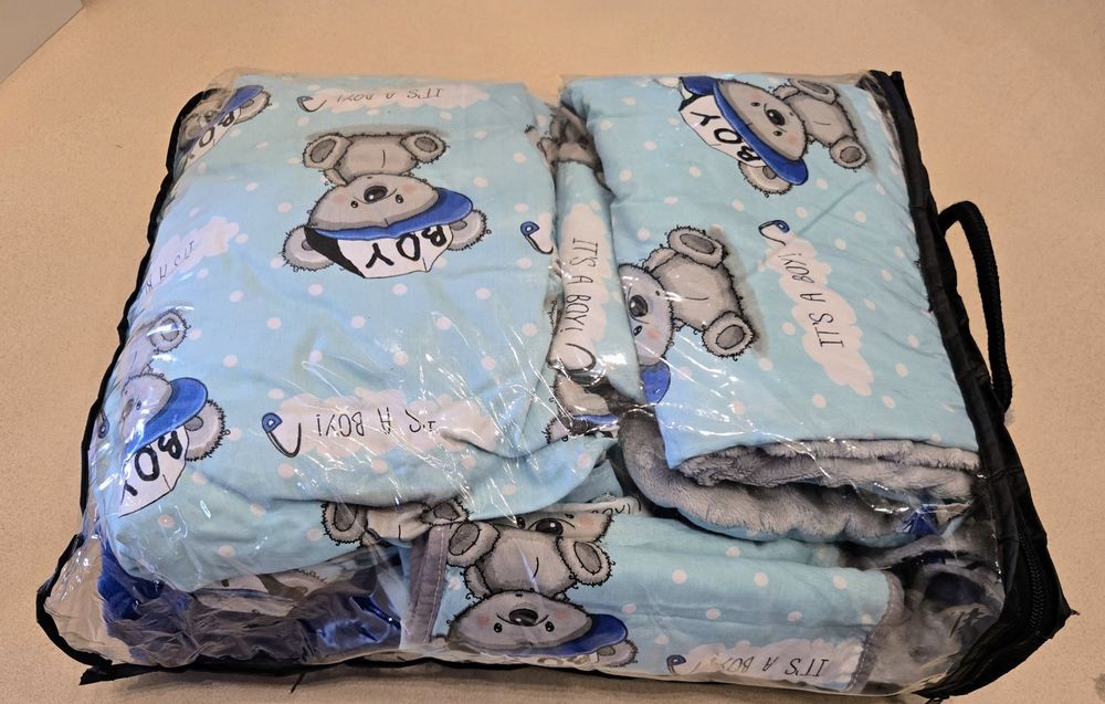Wyprawka do łóżeczka, wózka niebieska. Duży zestaw. Minky. It's a boy.