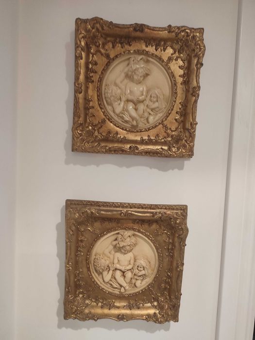 Quadro conjunto de dois quadros moldura folha de ouro mármore de pedra